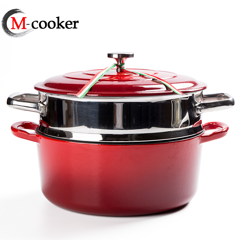 big size cast iron enamel coating pot casserole with steamer for family