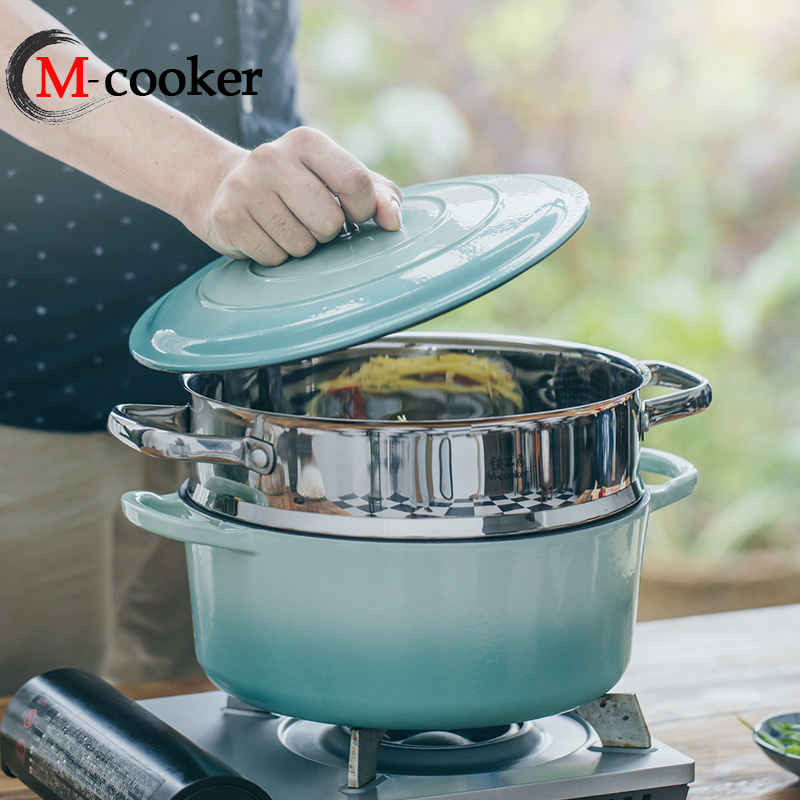 big size cast iron enamel coating pot casserole with steamer for family