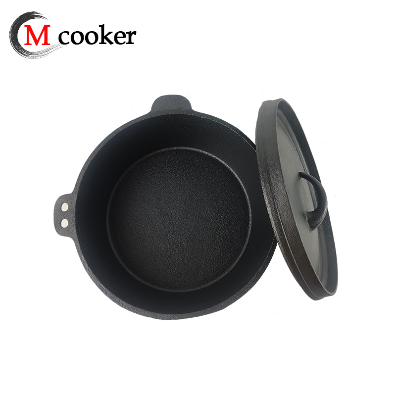 Outdoor picnic cast iron cookware with vegetable oil coating and two handle