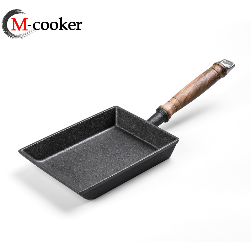 Cast iron square fry pan with wooden handle