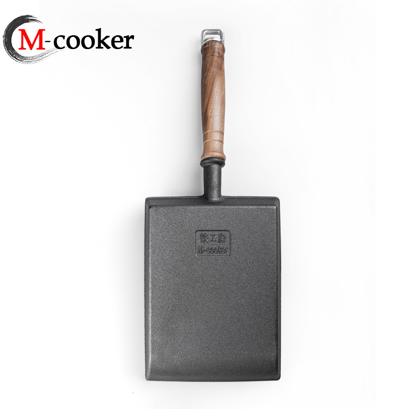 Cast iron square fry pan with wooden handle