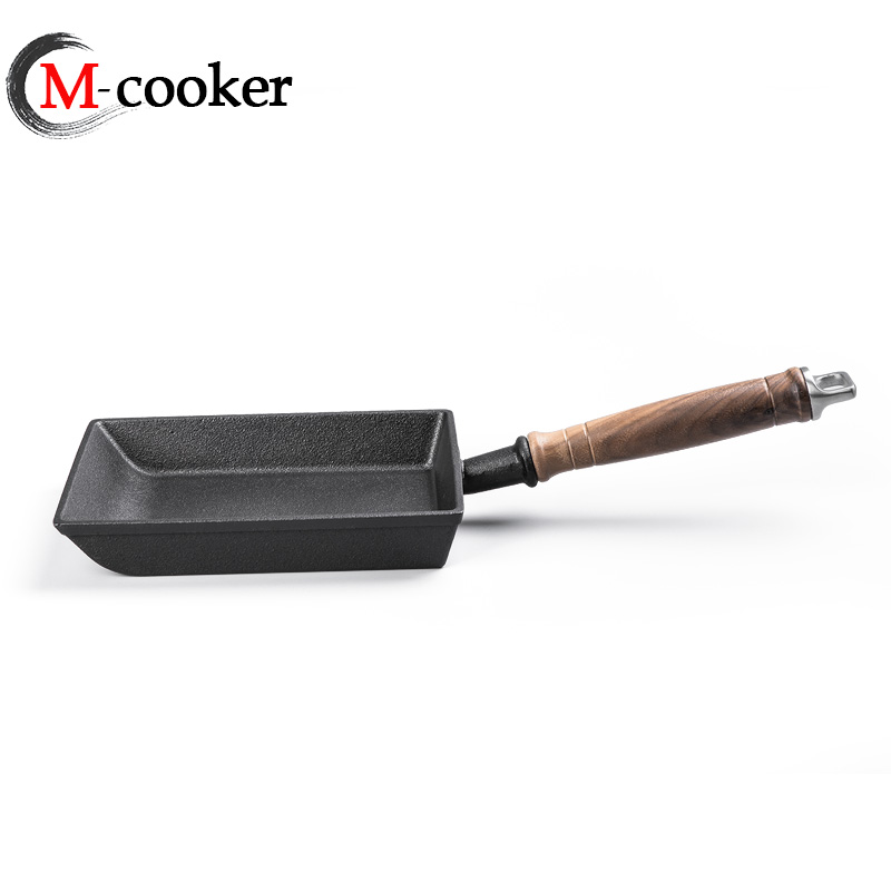 Cast iron square fry pan with wooden handle