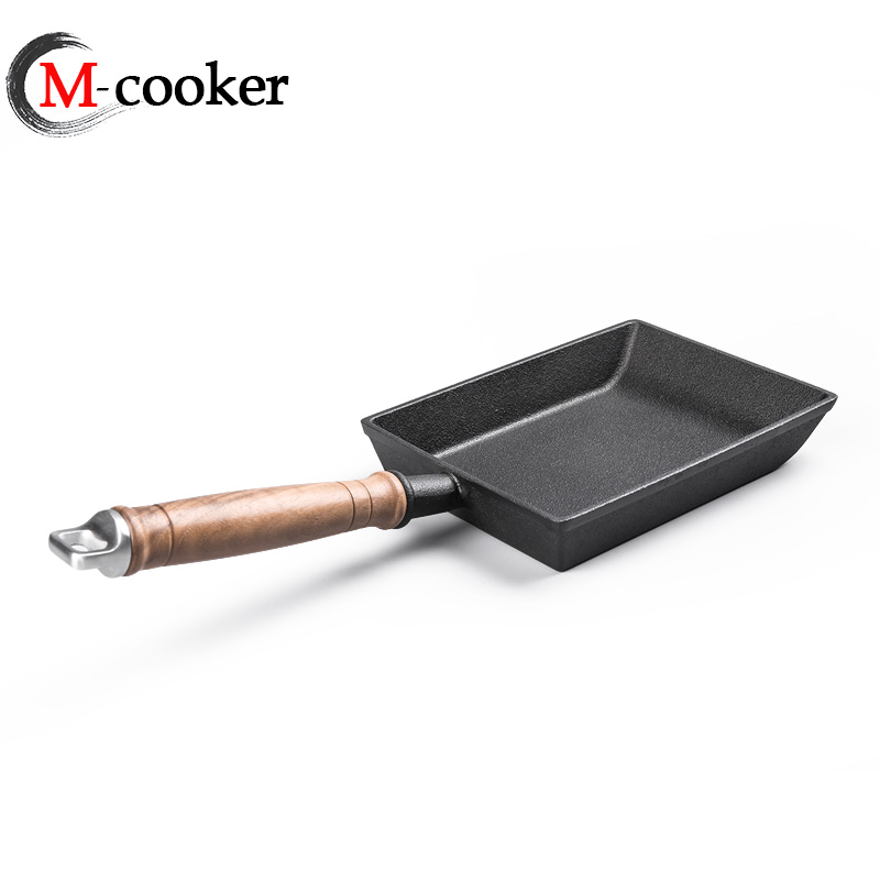 Cast iron square fry pan with wooden handle