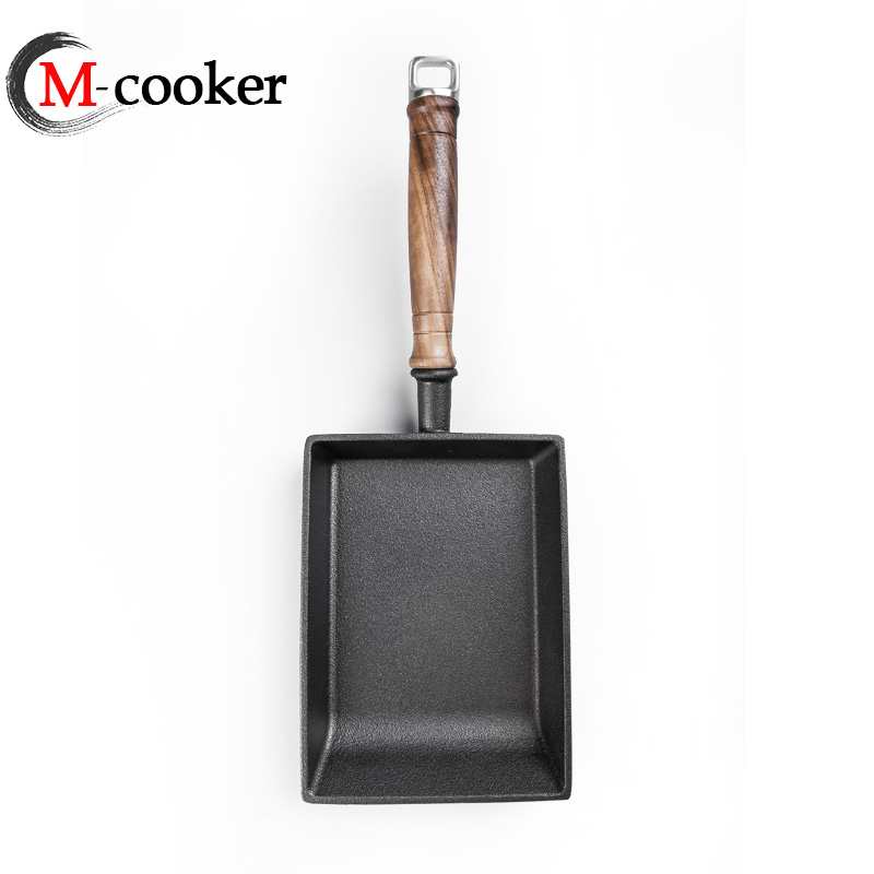 Cast iron square fry pan with wooden handle