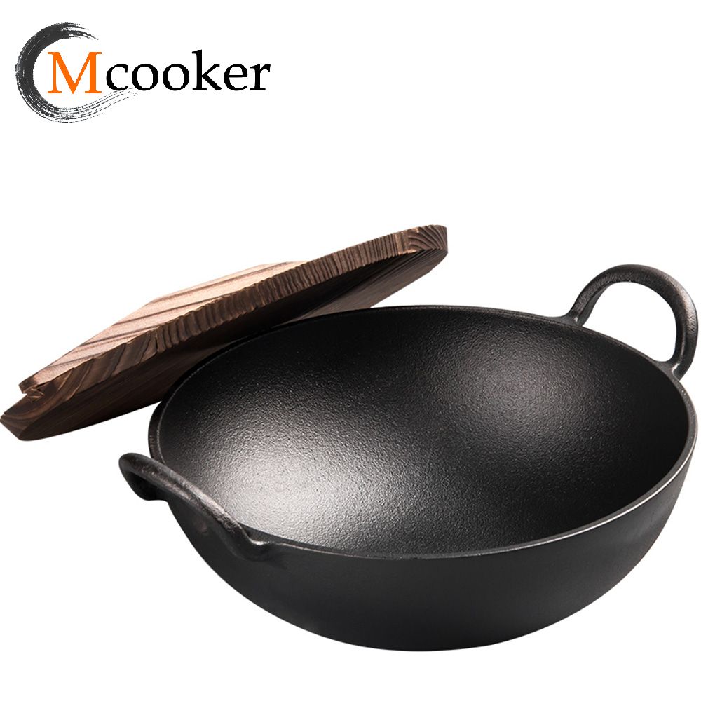 Multi-purpose cast iron wok with two handles and wooden lid round bottom