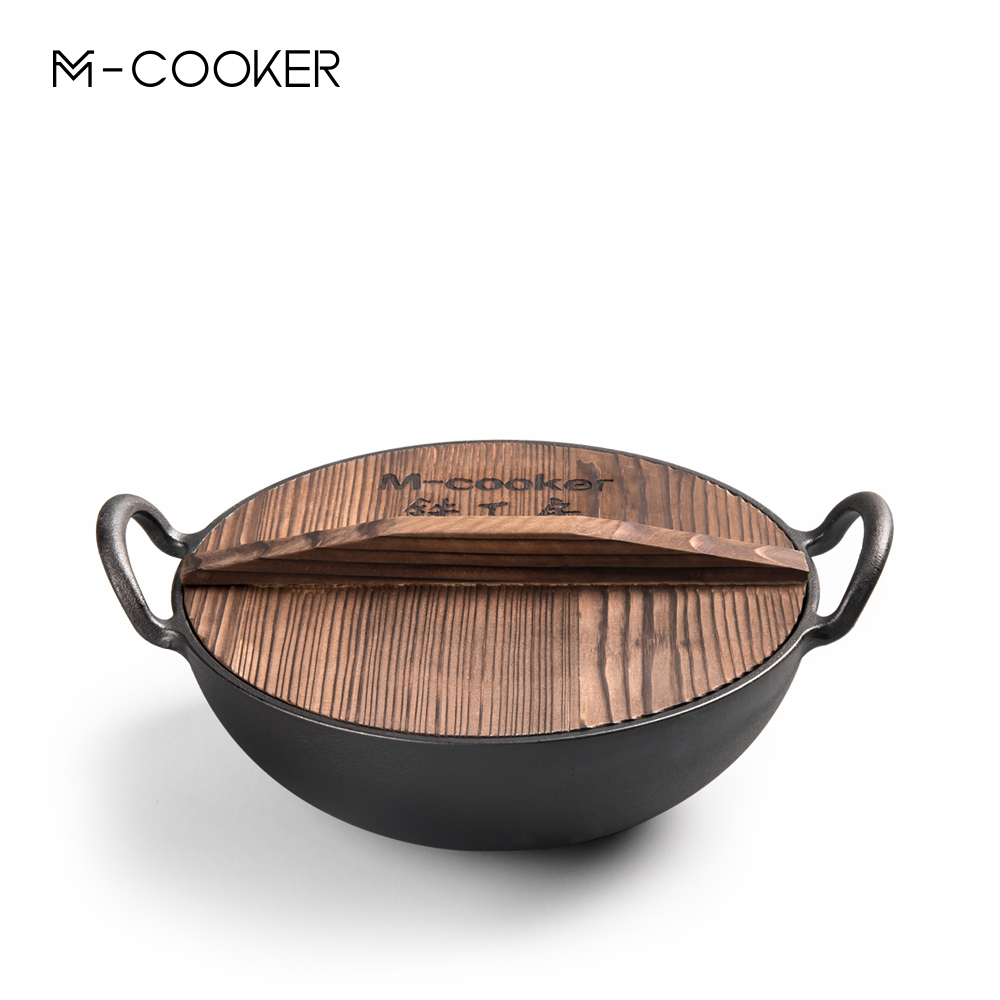 Multi-purpose cast iron wok with two handles and wooden lid round bottom