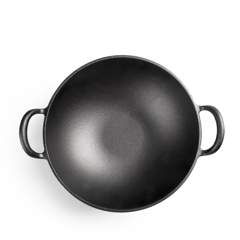 Multi-purpose cast iron wok with two handles and wooden lid round bottom