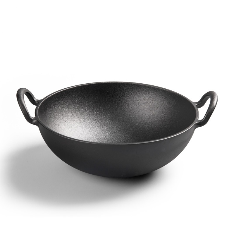 Multi-purpose cast iron wok with two handles and wooden lid round bottom