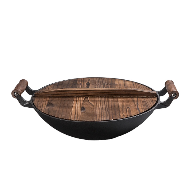 Classic two wooden handles cast iron wok with flat bottom and preseasoned coating