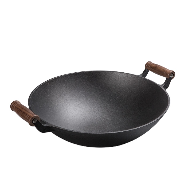 Classic two wooden handles cast iron wok with flat bottom and preseasoned coating