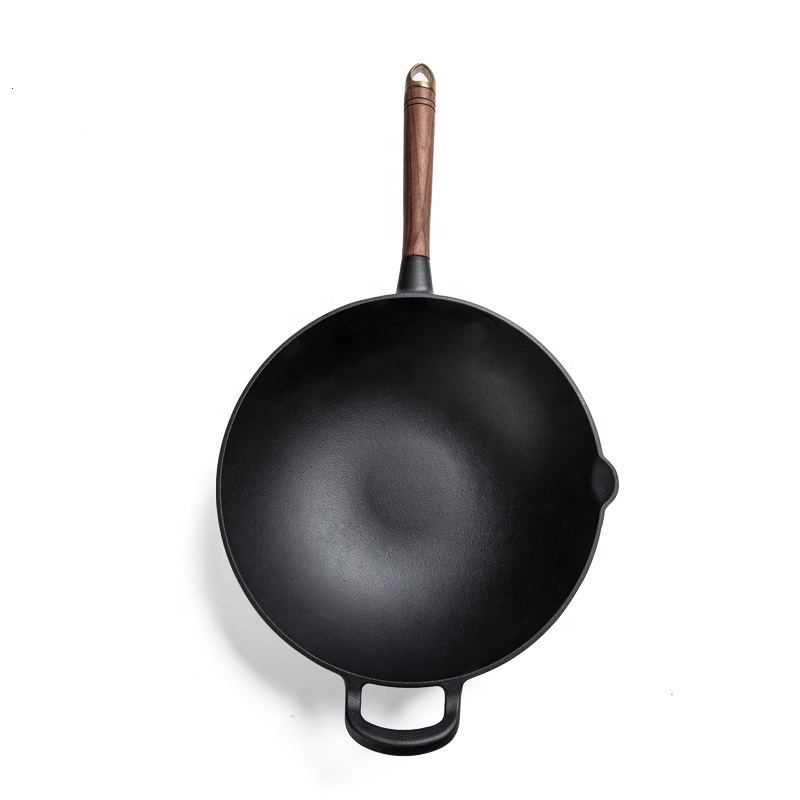 Flat bottom preseasoned coating cast iron wok with wooden handle