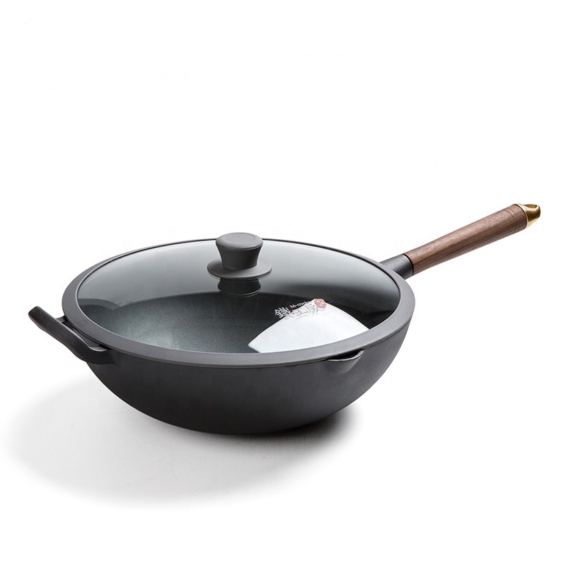 Flat bottom preseasoned coating cast iron wok with wooden handle