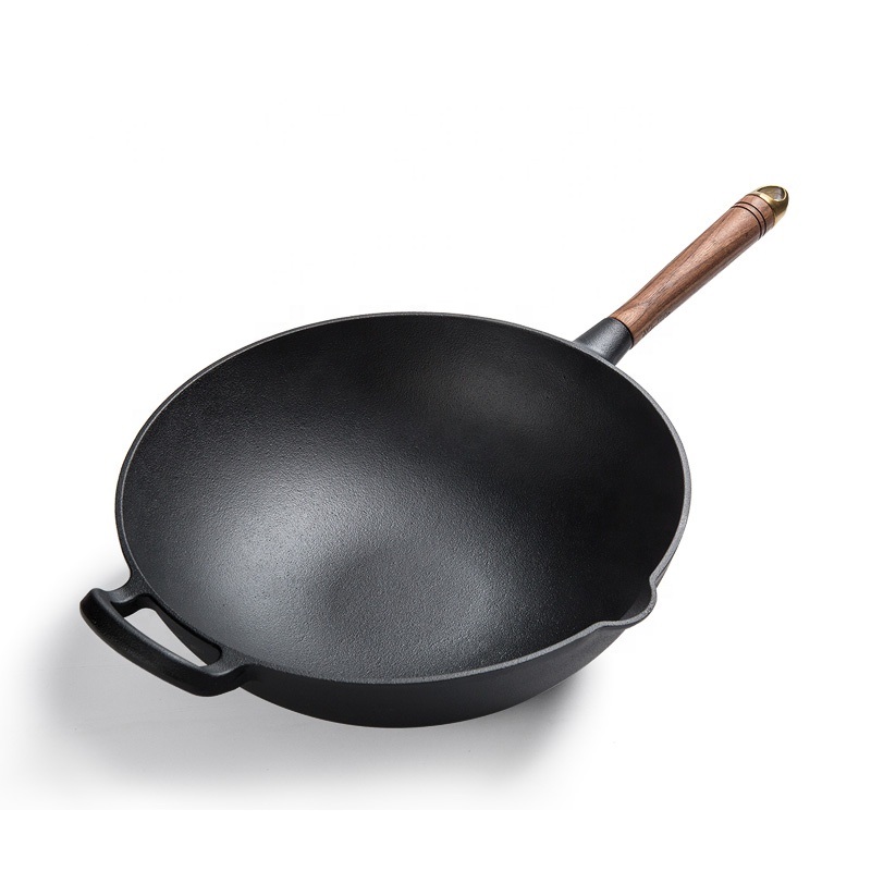 Flat bottom preseasoned coating cast iron wok with wooden handle