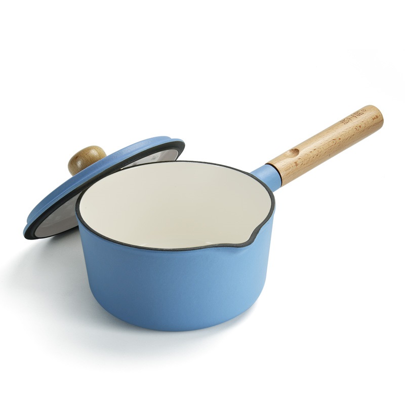 18cm cast iron enamel saucepan with wooden handle