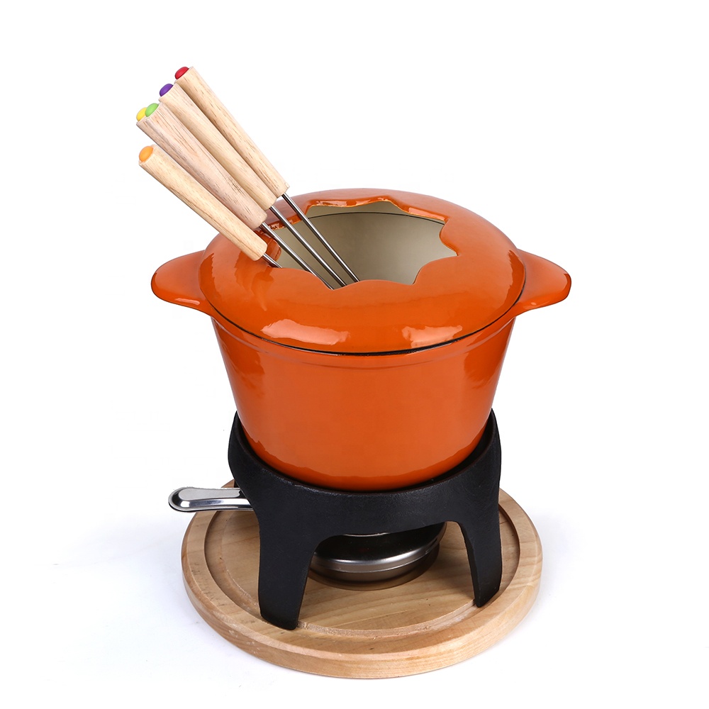 Cute cast iron fondue set with enameled coating and various accessories