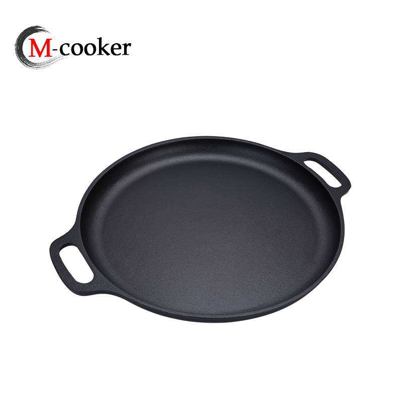 Cast iron pizza pan with two handles and pre-seasoned coating 30cm diameter