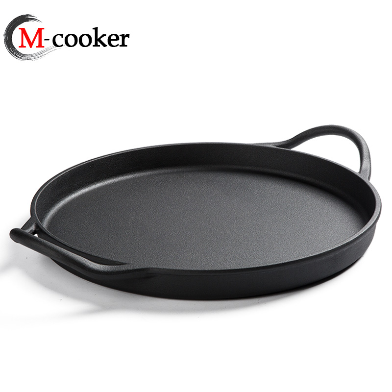 Durable flat bottom preseasoned coating cast iron pizza pan customized logo