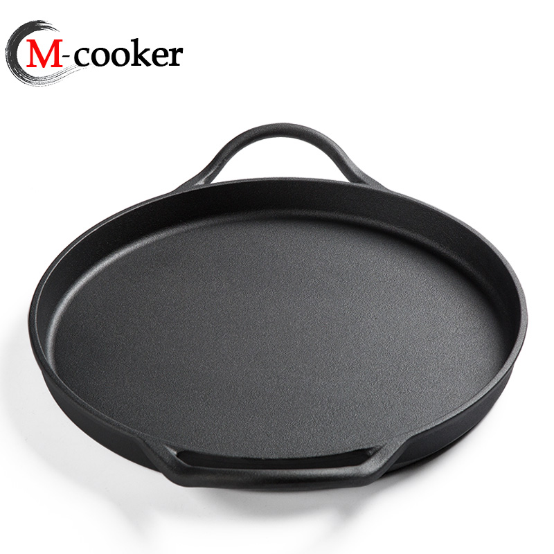 Durable flat bottom preseasoned coating cast iron pizza pan customized logo