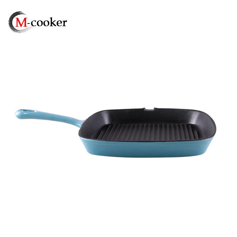 Cast iron enamel grill pan with long handle