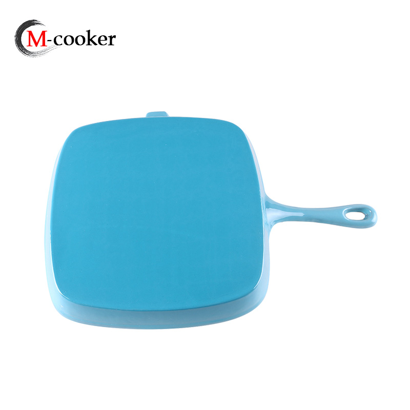 Cast iron enamel grill pan with long handle